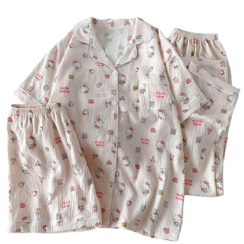 Cloud Cotton Pajamas Women'S Summer Cloud Cotton Short Sleeves Sweet Loungewear Three-Piece Set