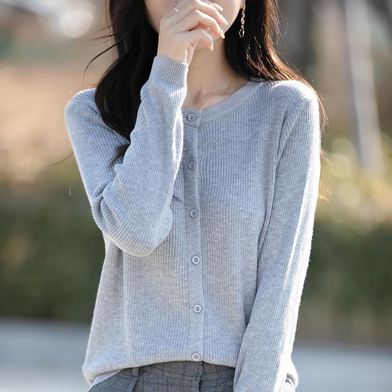 Women's Spring Korean Style Loose Wool Cardigan - Round Neck, Long Sleeve