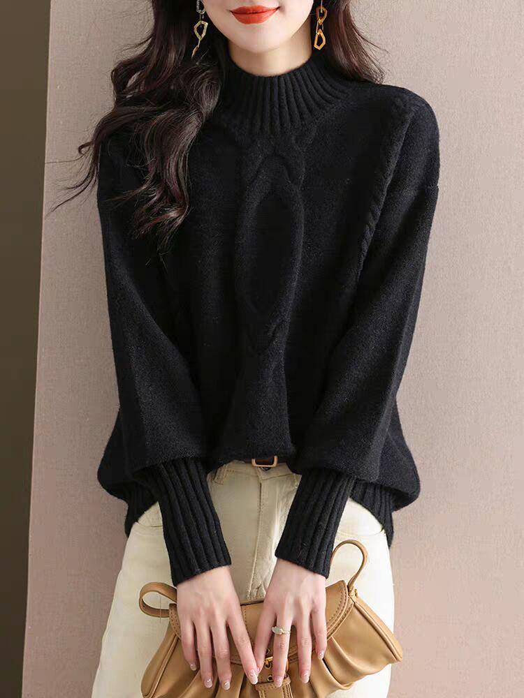 Women's Twisted Cable Knit Sweater - Half-High Neck, Lazy Style, Solid Color, Warm Base Layer for Autumn and Winter.