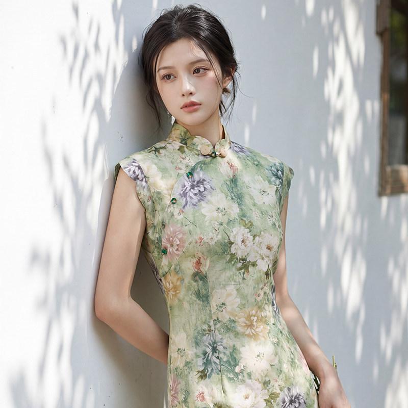 Green sleeveless national style new Chinese daily Suzhou long cheongsam improved young 1011 new women's high sense