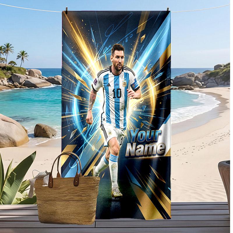 Asciugamano da Spiaggia Personalizzato Stampato Lionel Messi Logo Calcio Supporto Nome Personalizzato Testo Asciugamano Assorbente Per Sport Viaggio Regalo Speciale