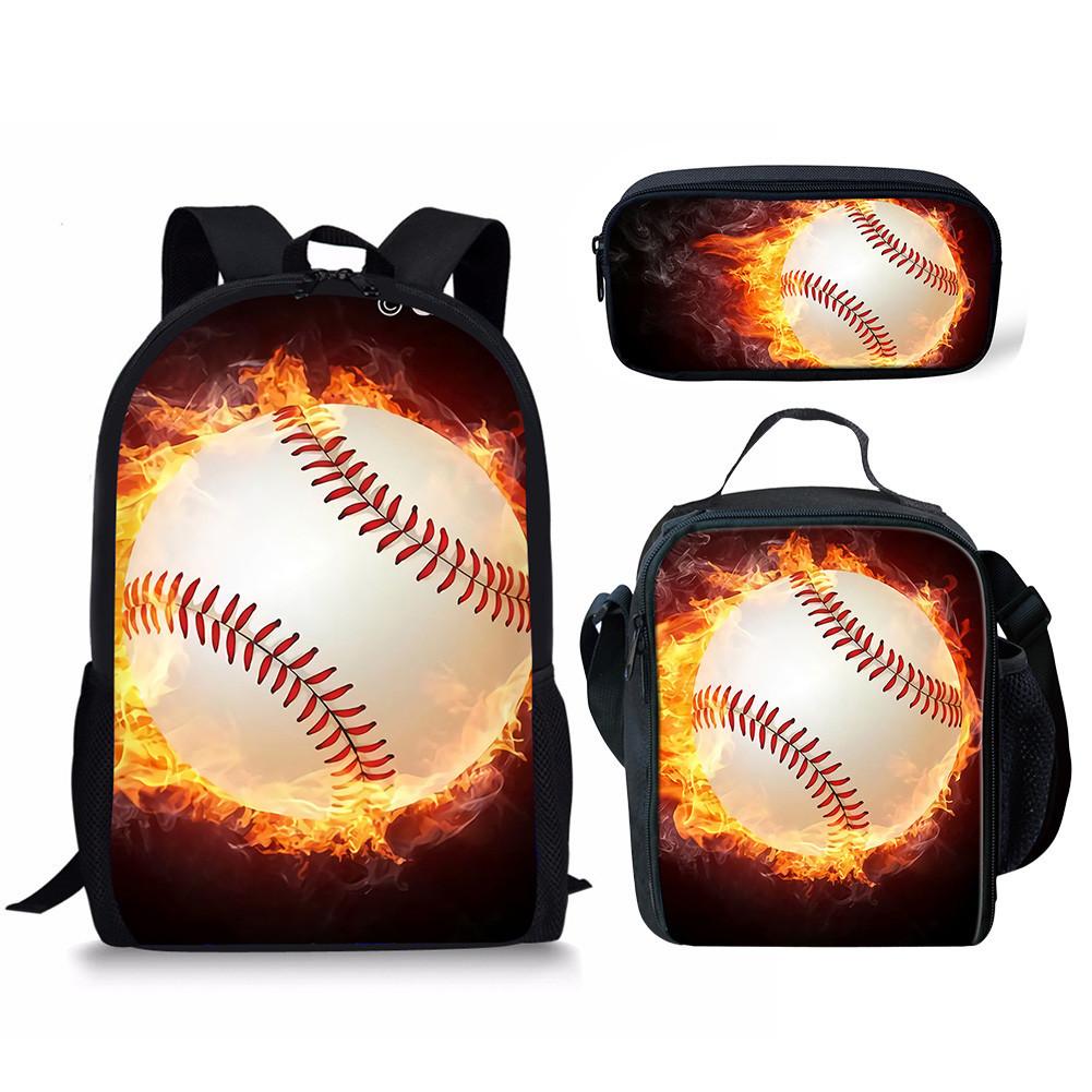 Backpack Basketball Water Fire Baseball Pattern School Bag Backpack Meal Bag Pencil Bag Three-Piece Set