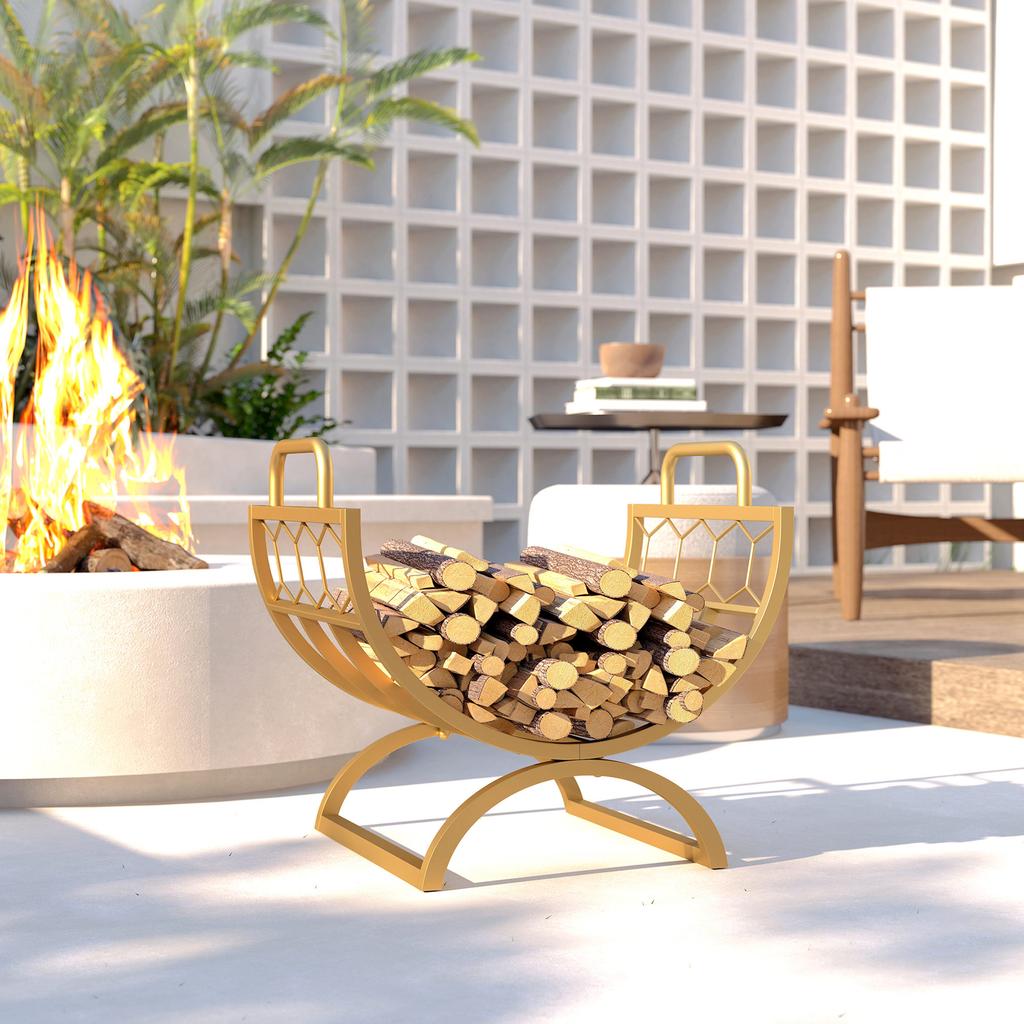 Indoor Firewood Rack 46 x 36 x 41cm Firewood Rack for Fireplace Stove Metal Gold