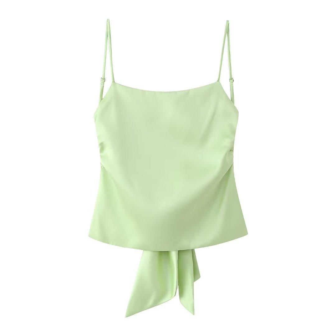 

Европейская и американская трансграничная женская одежда оптом женский топ с шелковистой атласной текстурой, с коротким рукавом, модный, универсальный, с украшением бантом на спине L зелёный