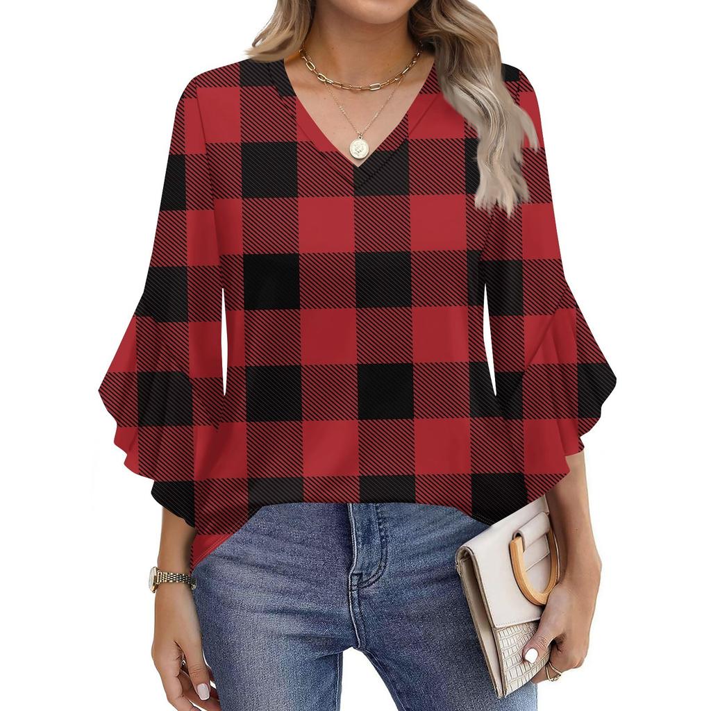 Women's Fashion Casual Seven-minute Sleeve Stripe Print Top V-neck T-shirt Flared Sleeve Shirt