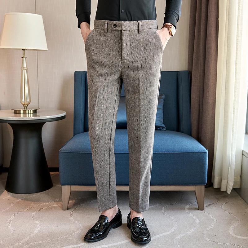 Autumn Winter High Quality Men's Wool Suit Pants Solid Striped Smart Casual Slim Fit Suit Trousers Men Cotton Woolen Dress Pants