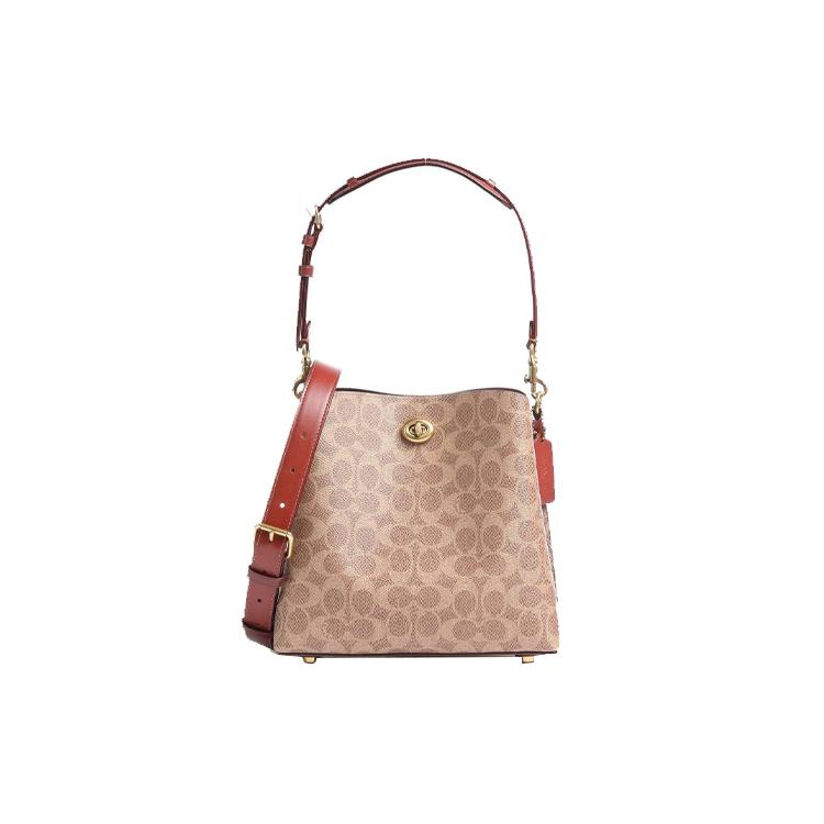 

New COACH Willow Leather Bucket Bag Portable Crossbody Bag Shoulder Bag Women s Red Brown & Brown Monogram C3890-B4NQ4 21.6*12.4*22.1CM