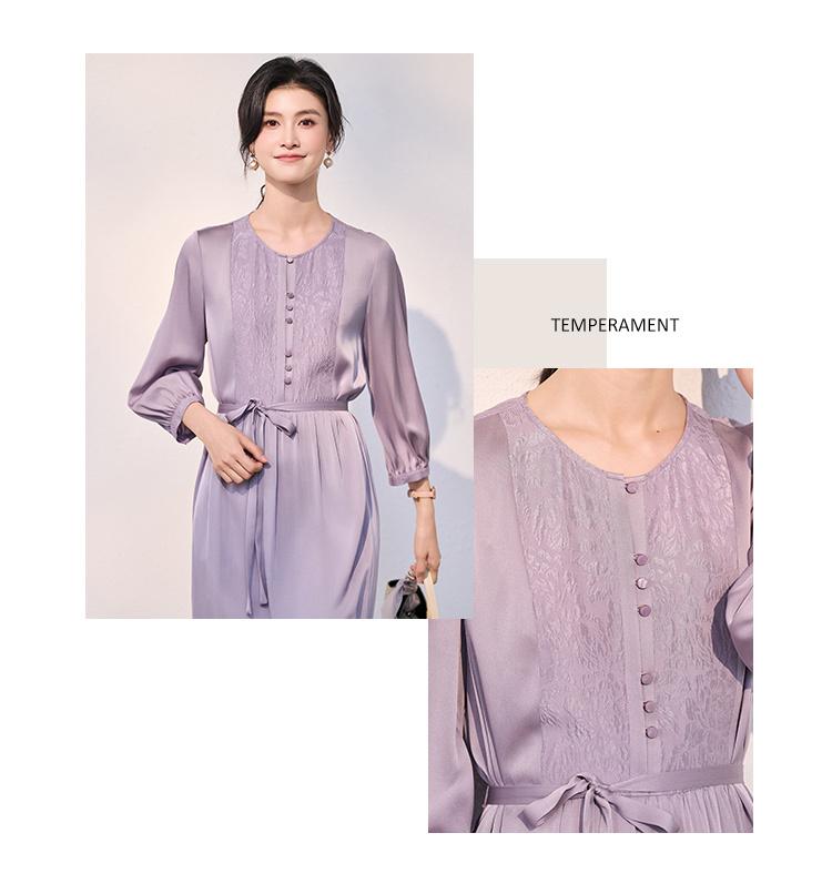 [Double Qiao Crown Le Crepe Splicing] Spring and Summer New Round Neck Medium length Shoulder Concealed Waist for Slimming Mulberry Silk Dress
