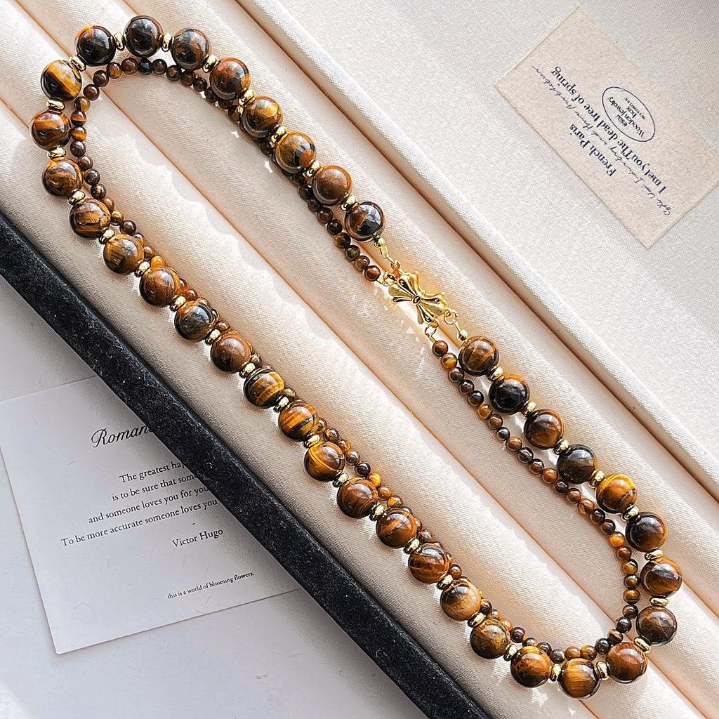 French Natural Boutique Tiger'S Eye Stone Design Double-Layer Necklace Collarbone Chain Female