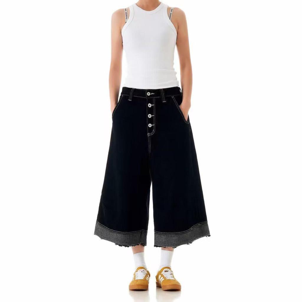 American Retro Patchwork Raw Edge Wide-Leg Culottes for Women