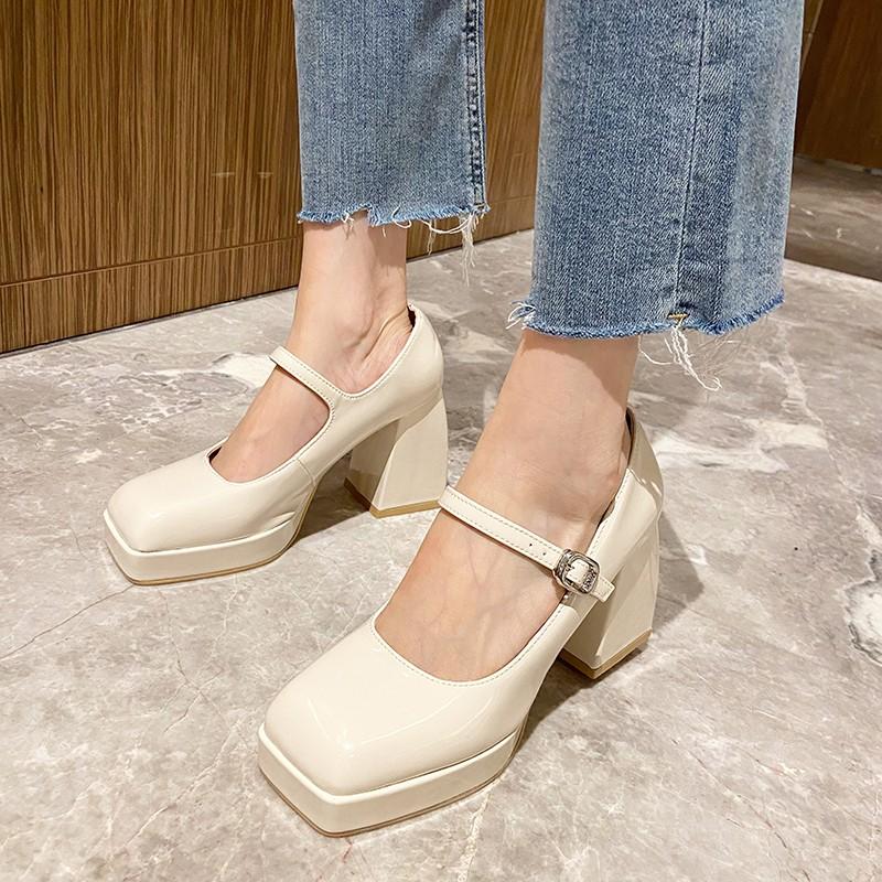 Fashion Women's 2025 Platform Pumps Square Toe Thick Heels Women's Patent High Heels Party Shoes Square Toe Square Heel