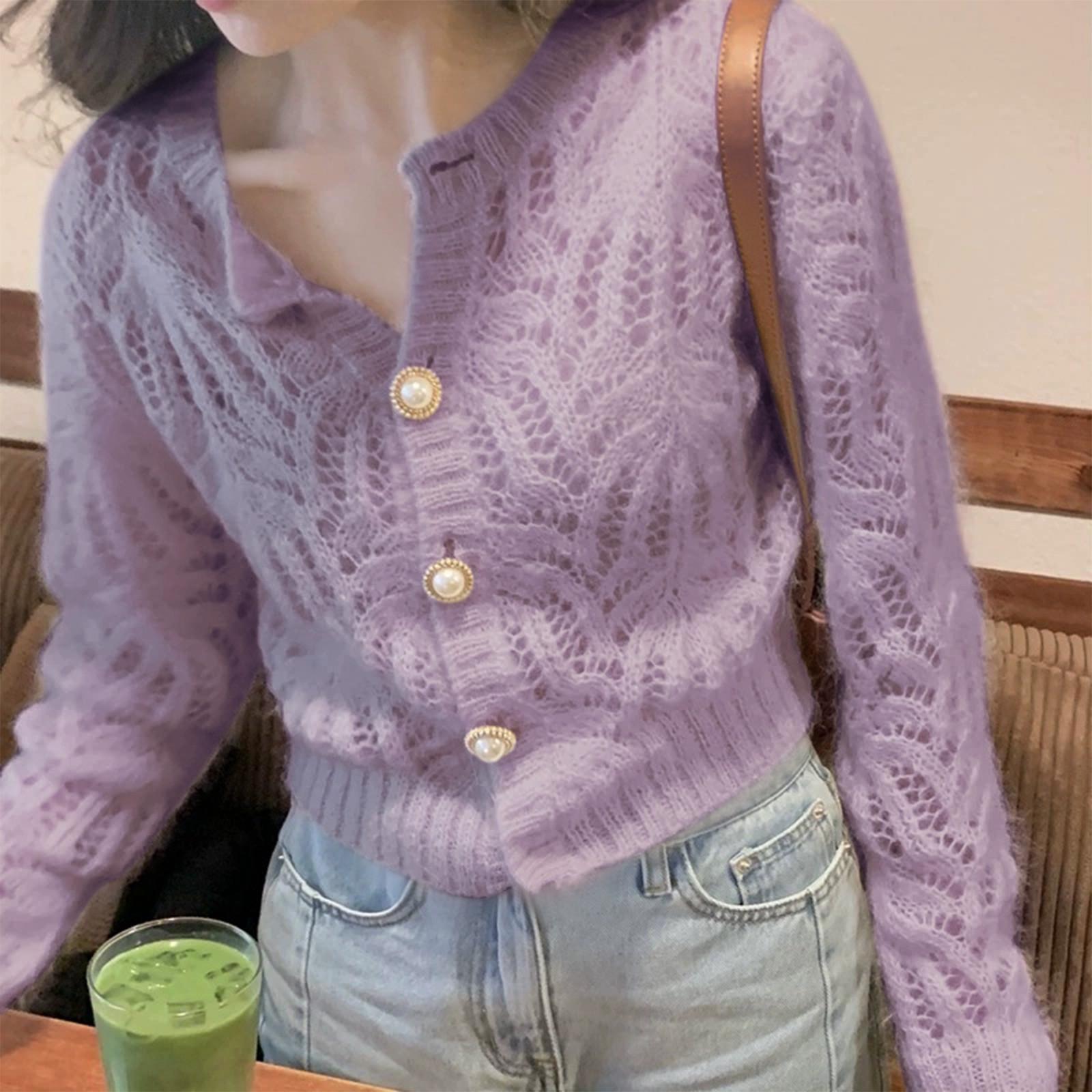 

Женский тонкий ажурный трикотажный кардиган кардиган свободный короткий свитер куртка One Size фиолетовый