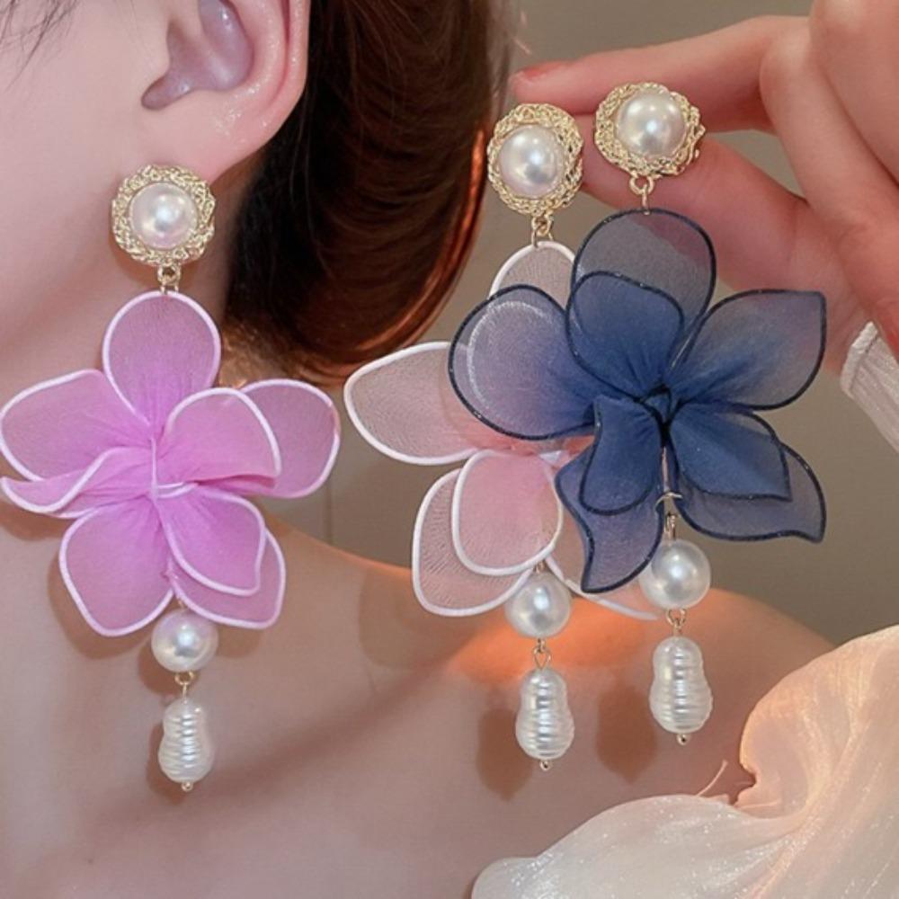 Pearl Pedant Beach Earrings Sweet Petals Stud Earrings Mesh Flower Dangle Earrings  Ladies/Girls