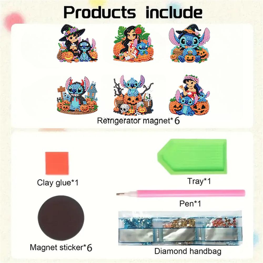 6pcs/Set Halloween Stitch Series Diamond Painting Magnets for Refrigerator Diamond Art Fridge Magnets for Adults Diamond Art Refrigerator Magnets Kits