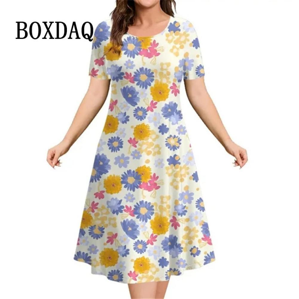 Summer Women's Casual Loose Short-sleeved Dress Elegant Party Evening Dress Women's A-line Skirt 3d Floral Pullover Dress