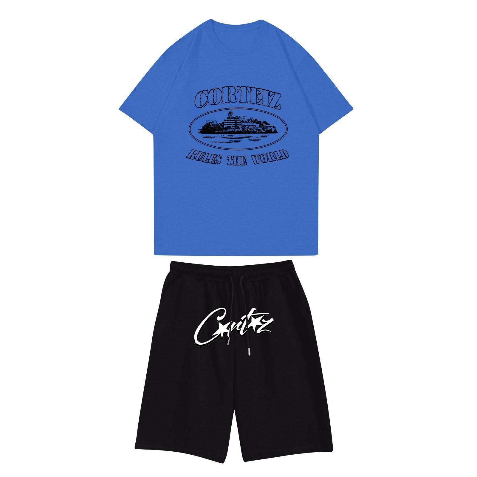 

Унисекс комплект для бега, летняя повседневная футболка с короткими рукавами и круглым вырезом с принтом + шорты, спортивный костюм XL синий