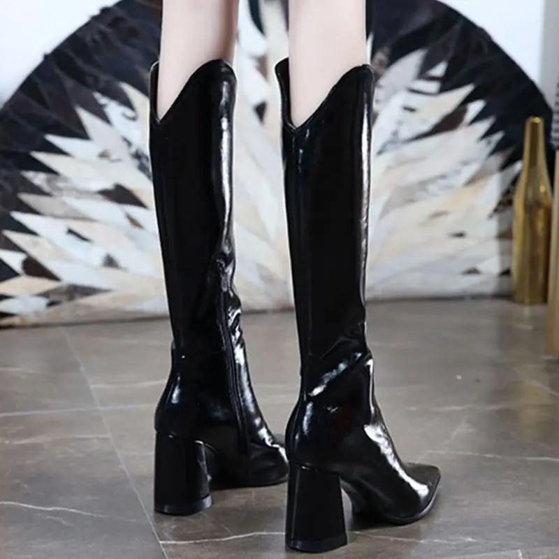 Fashion Black Fleece-Lined Leather Long Boots for Women Pu Cosplay Hot Goth on Offer Footwear Waterproof Y2k Knee High Shaft Shoes Woman