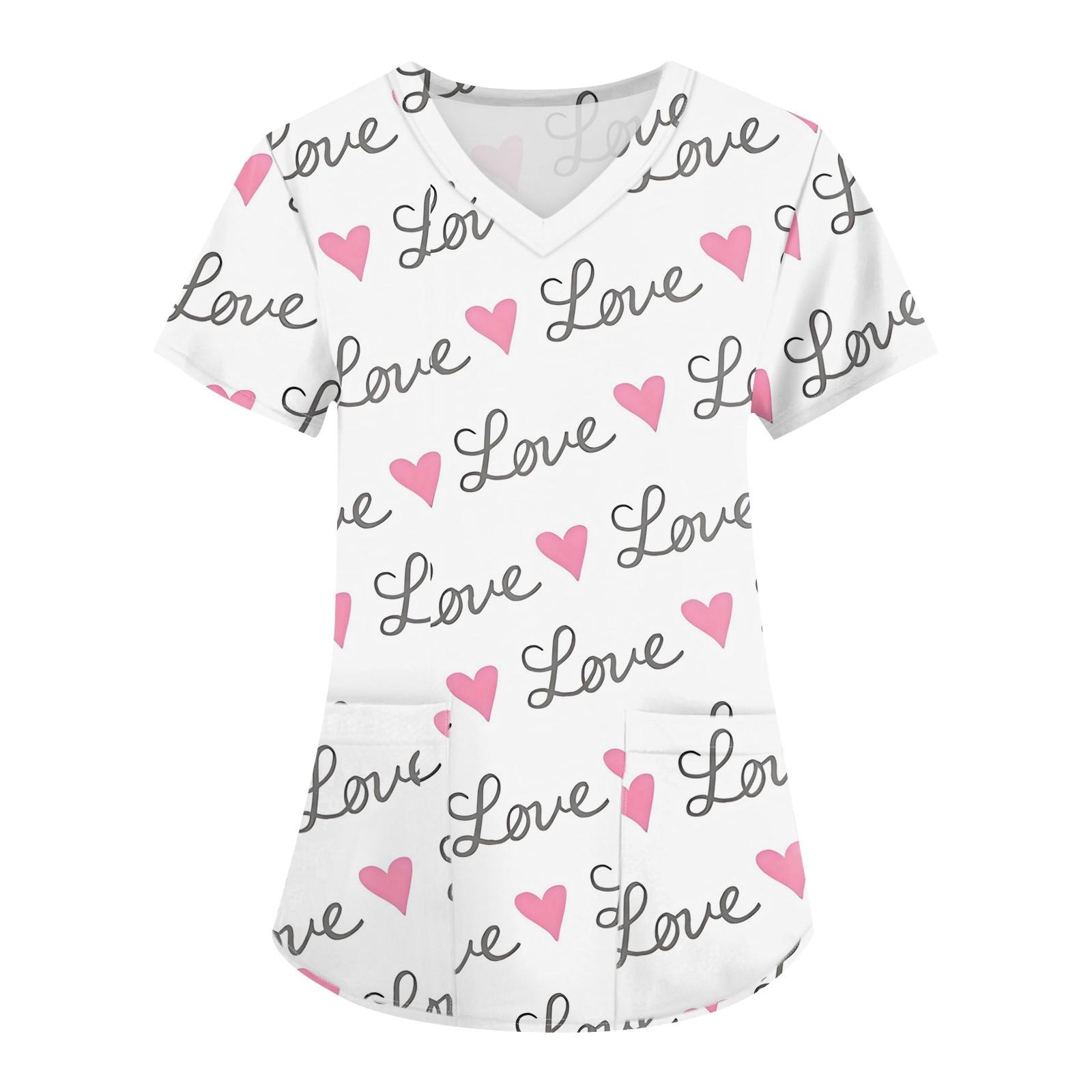 

Большие размеры, печатные рабочие униформы, топы для женщин, крестообразный V-образный вырез, День святого Валентина, принт, короткий рукав, забавные футболки, рабочая одежда, футболка с карманами XL белый