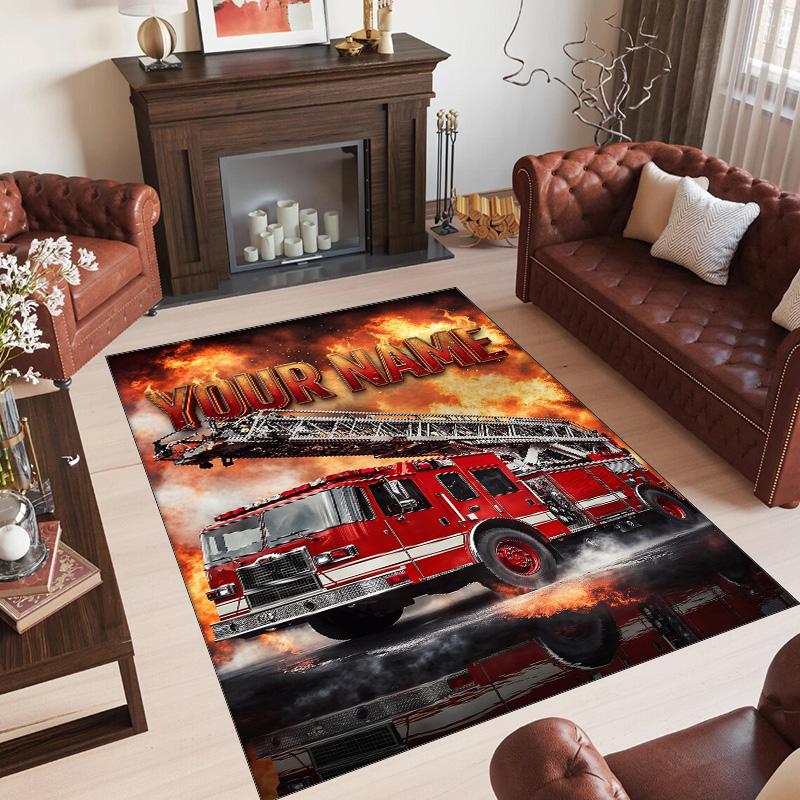 Fire Truck Theme Crystal Velvet Rug Personalized Custom Name Text Soft Floor Mat Home Decor