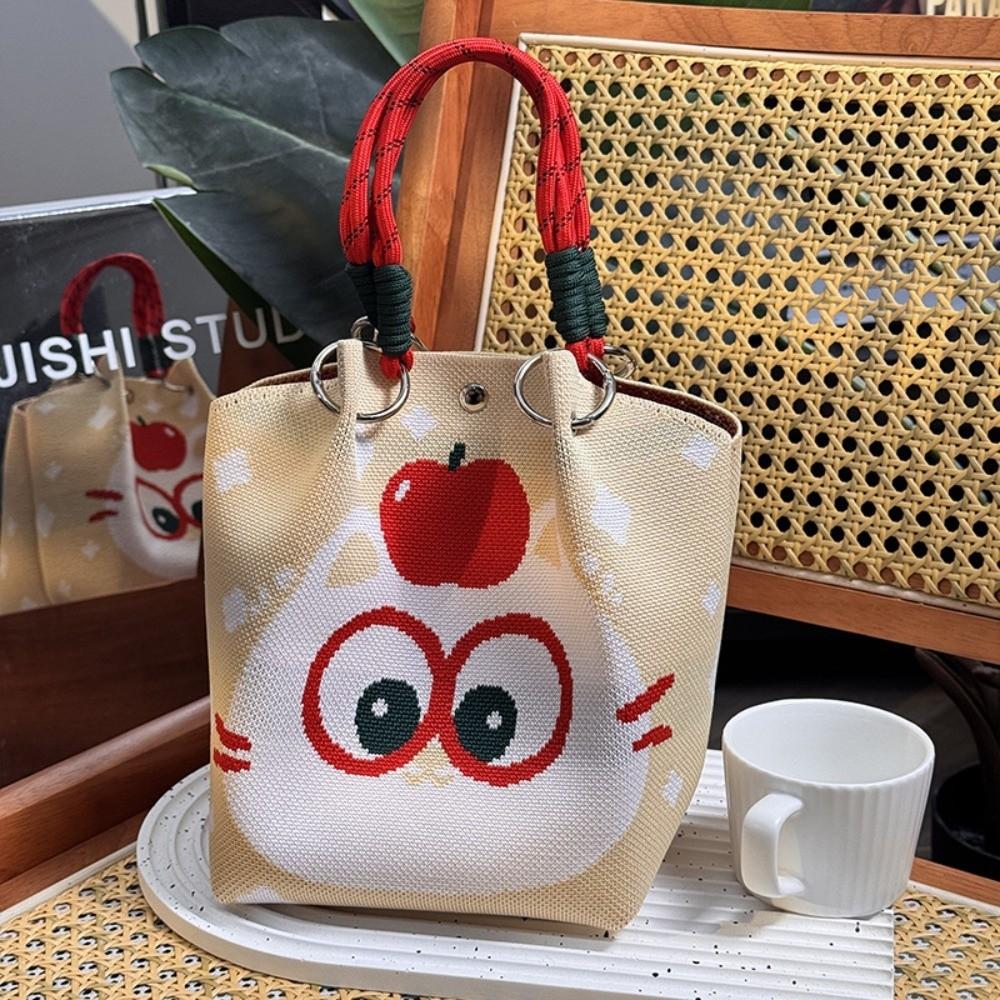 Cute Knitted Bucket Bag Creative Pattern Leisure Wrist Bag Versatile Portable Handbag for Women Girls