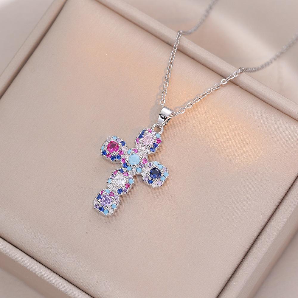 Niche Design Cross Clavicle Chain Women Full Diamond Colored Zircon European American Cross-border Fashion Pendant Necklace