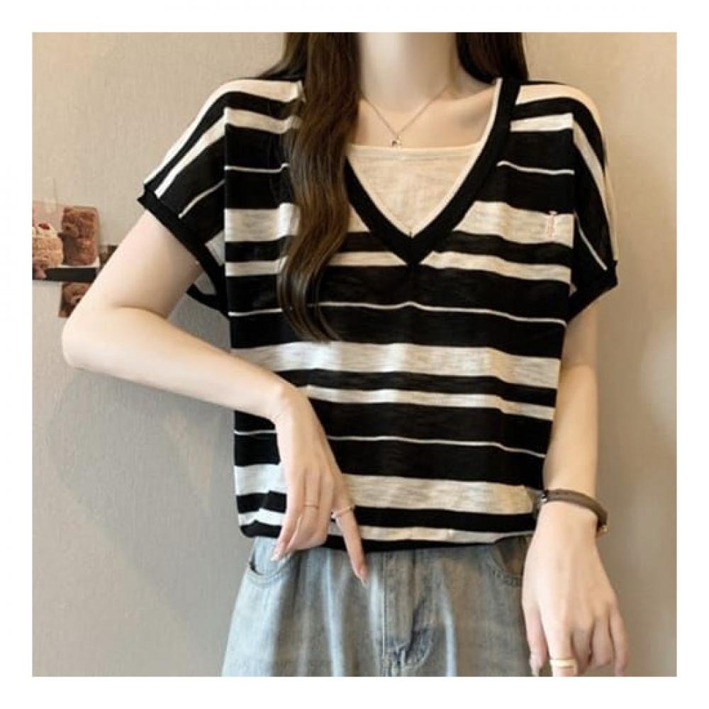 Navava 2in1 STripe Color Block Cap Sleeve KniT T shirT Nk2201