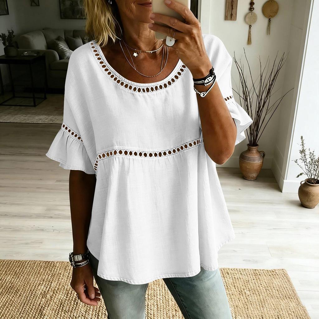 Women Loose Fit Short Sleeve Blouse Round Neck Ruffle Hem Casual Vacation Top Lightweight Comfortable Summer Shirt