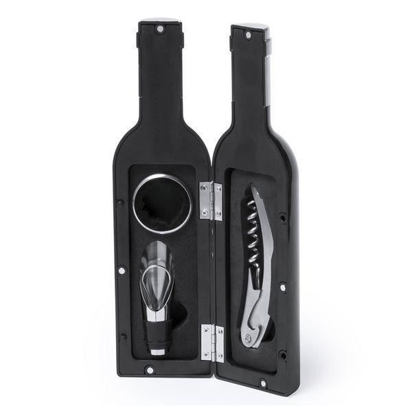 Coffret Accessoire Vin en forme de Bouteille de Vin noir Aimantée : Tire Bouchon, Bec verseur et Bague anti gouttes