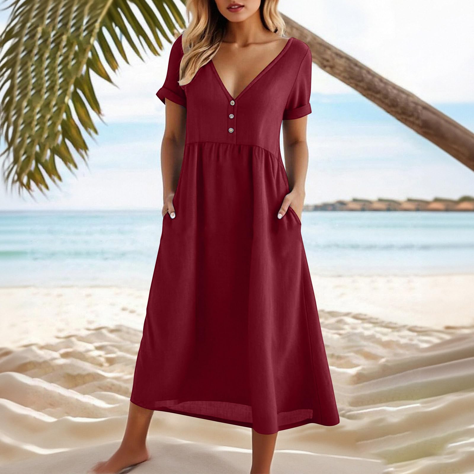 

Women s V-neck -Color Casual Short-Sleeve Loose-Fit Dress With Pockets XL винний