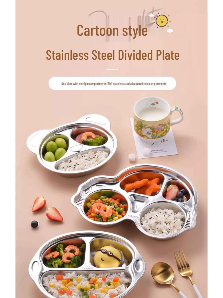 304 Stainless Steel Cartoon Divided Plate for Kids – Perfect for Kindergarten and School Canteens