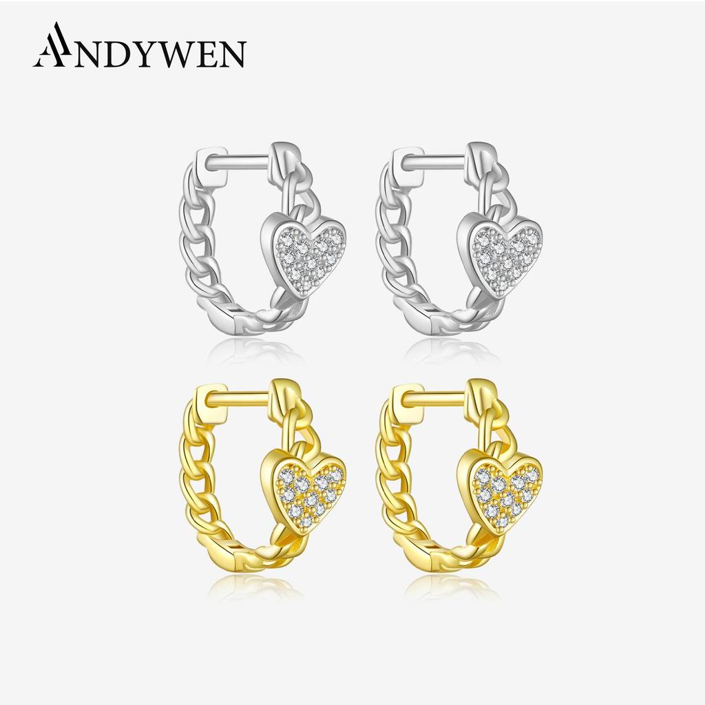 ANDYWEN 925 Sterling Silver Hoop Earrings Gold Plated Ladies Earrings Heart Shaped Earrings Sparkling Cubic Zirconia Fine Jewelry