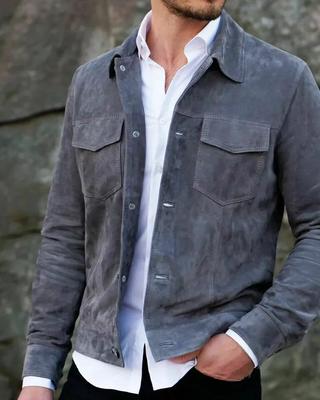 Herren Grau Wildleder Leder Hemd Trucker Jacke Weiches Leder Handmade Retro Casual