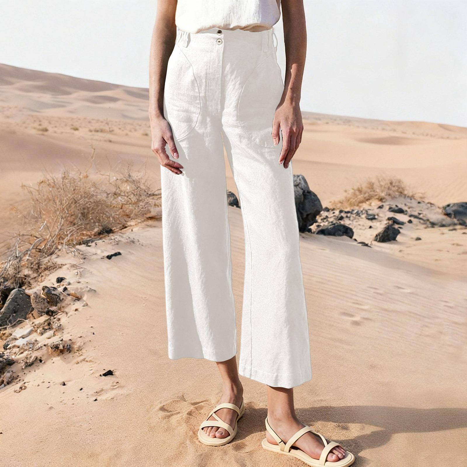 Linen Pants For Women Drawstring Elastic Waist Pants Casual Loose Trousers With Pockets L