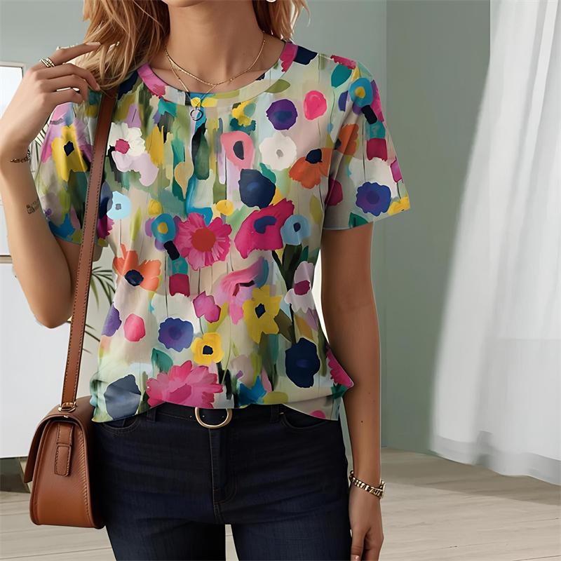 Casual T-shirt Summer Simple 3D Printed Flower Women s T-shirt S