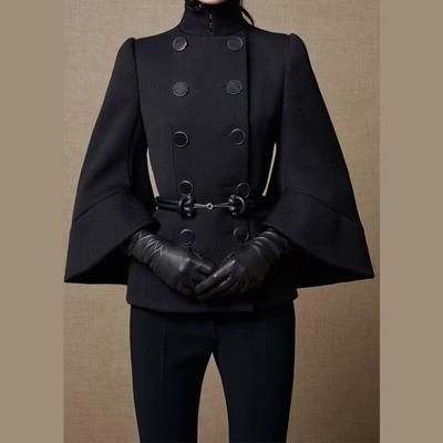 Women's Black Double-Breasted Blazer with Exaggerated Flared Sleeves and Detachable Belt