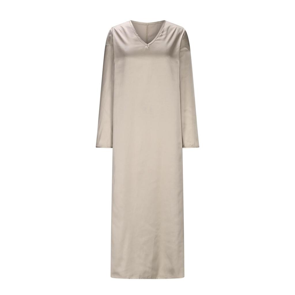 Women's Fashionable Solid Color V Neck Long Sleeved Sexy Jumpsuit A Line Long Dress