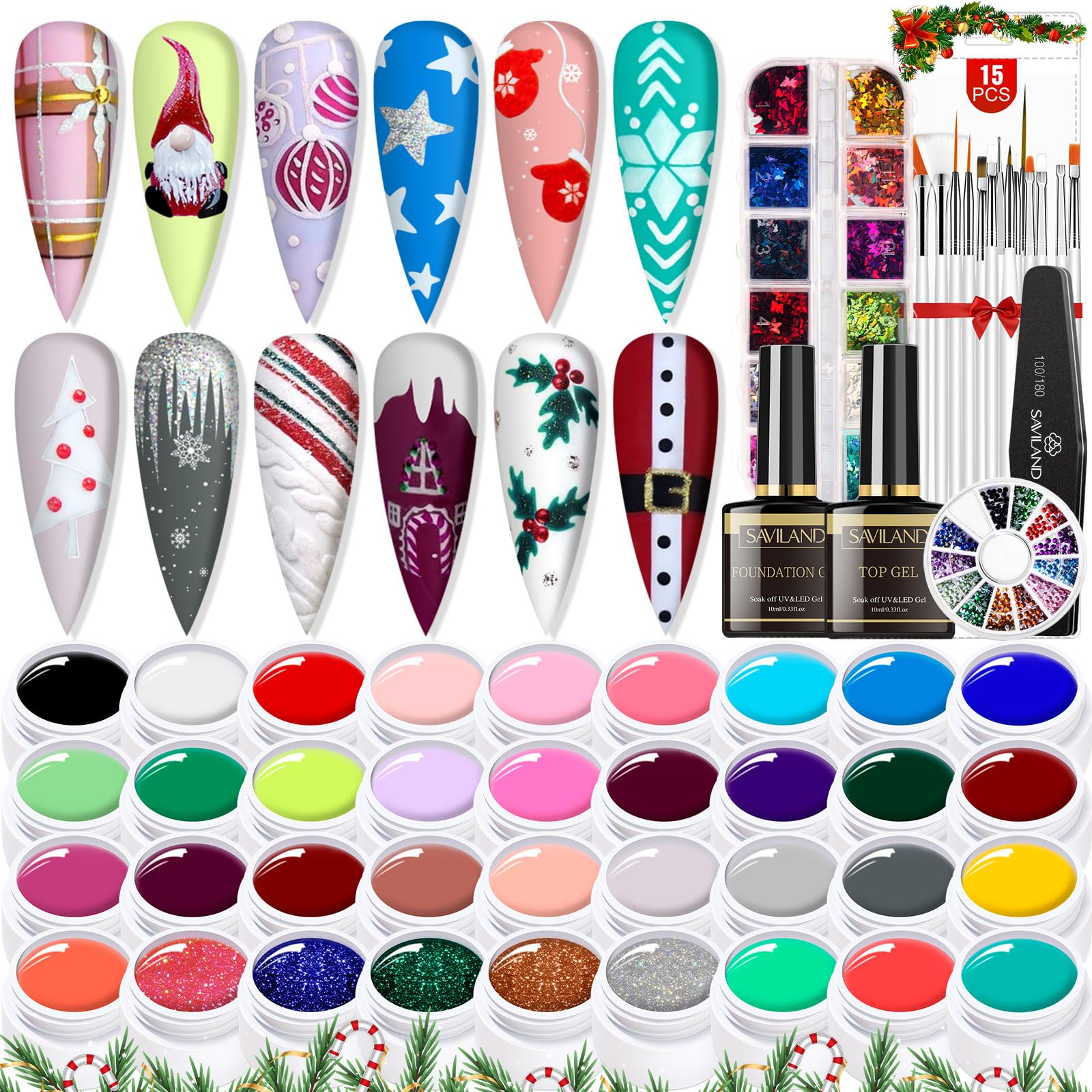 

Saviland Nail Art Kit Gel 36 Gel Paint Base Top 15 Nail Nail Nail Nail Manicure Nail Art DIY Nail Decoration 56-Piece Paint Colors, & Coat, Brushes,