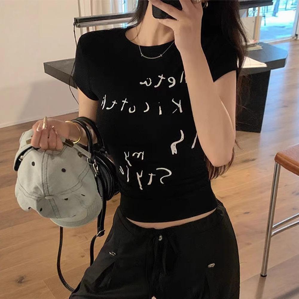 Popular Summer Short-sleeved Women's New Printed Fashion Korean Version Slim-fitting and Thin Letter Waist Top Slim-fitting