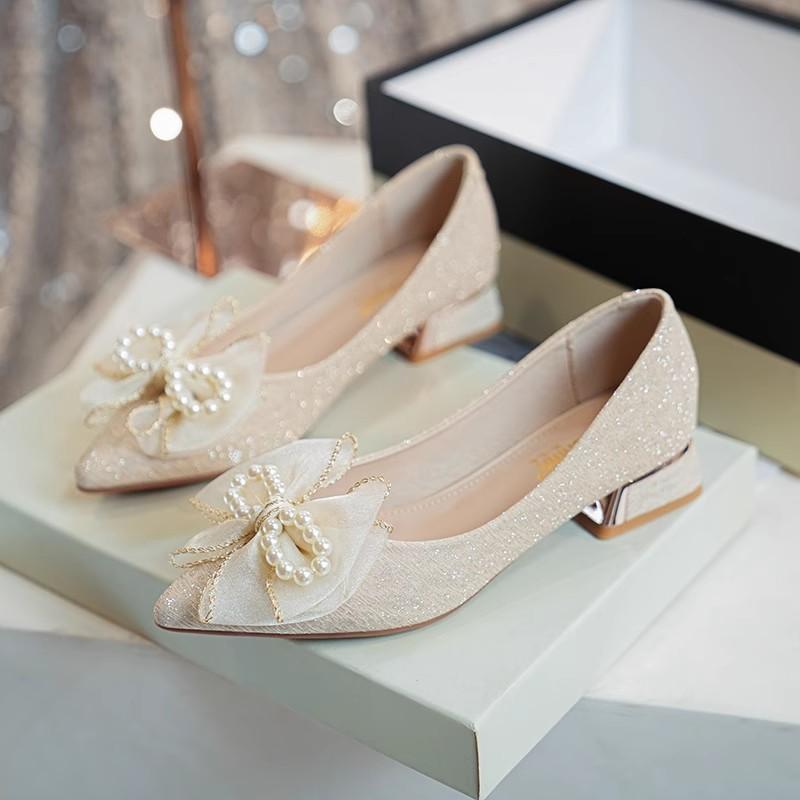 

Универсальные туфли на высоком каблуке 2025 весна толстый каблук женская обувь удобный каблук модный бант остроносые одинарные туфли женщины 40 абрикосовый