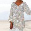 Plus Size Women Casual Loose V Neck Long Sleeve T-shirt with Flower Print Irregular Hem Color Matching Pullover for Spring Fall