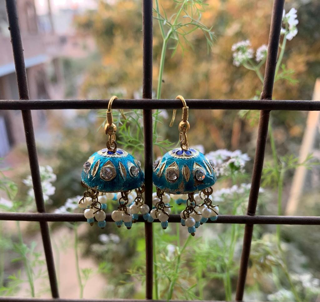 Handcrafted Blue Enamel Jhumka Earrings with Pearl Beads | Traditional Indian Lacquer Dangle Earrings