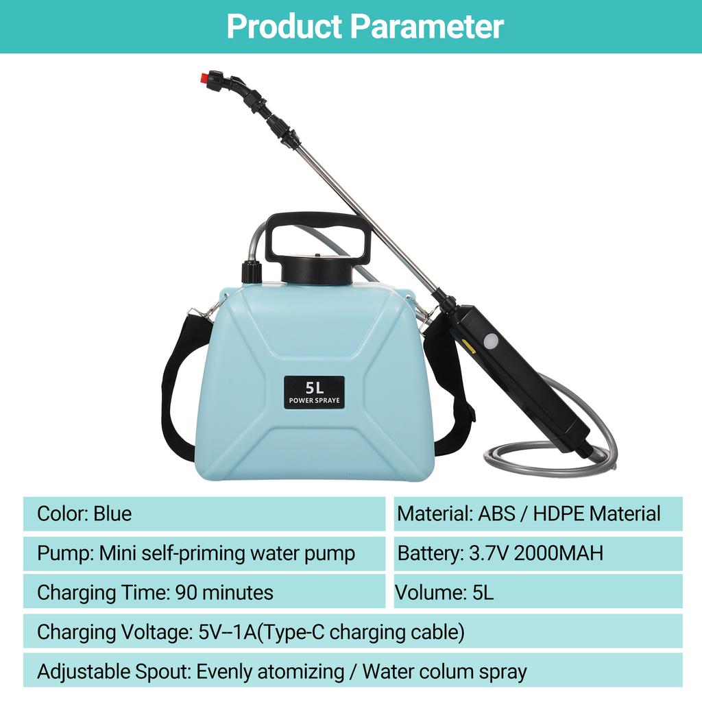 Handheld Electric Sprayer Agriculture Tools with 3 Mist Nozzles 5L Watering Can Shoulder Strap Atomizing Watering Bottle