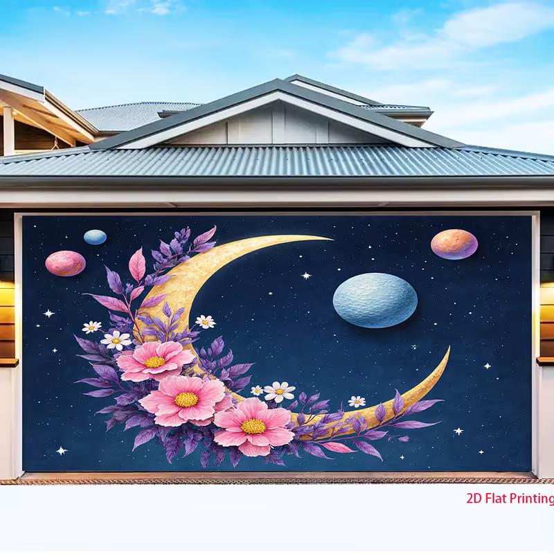 

2D Floral Moon Garage Door Banner, Starry Night Sky Garage Door Decoration 47.2x31.5inch/120*80cm