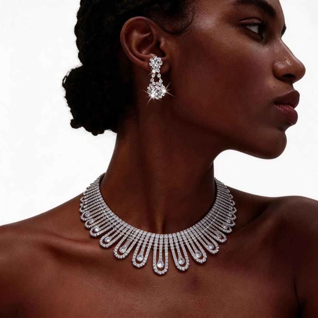 European and American Luxury Full Diamond Fringed Necklace Earrings Jewelry Set Heavy Industry High Sense Dinner Dress Temperament Jewelry