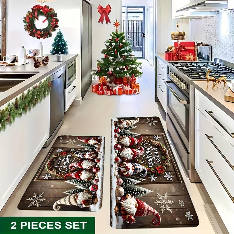 Santa Claus Crystal Velvet Kitchen Floor Mat Set - Quick Dry, Water Absorbent, Wear-Resistant Christmas Decor