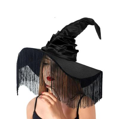Halloween Witch Hat Pointed Tassel Decor Black Dark Style Large Brim Headwear