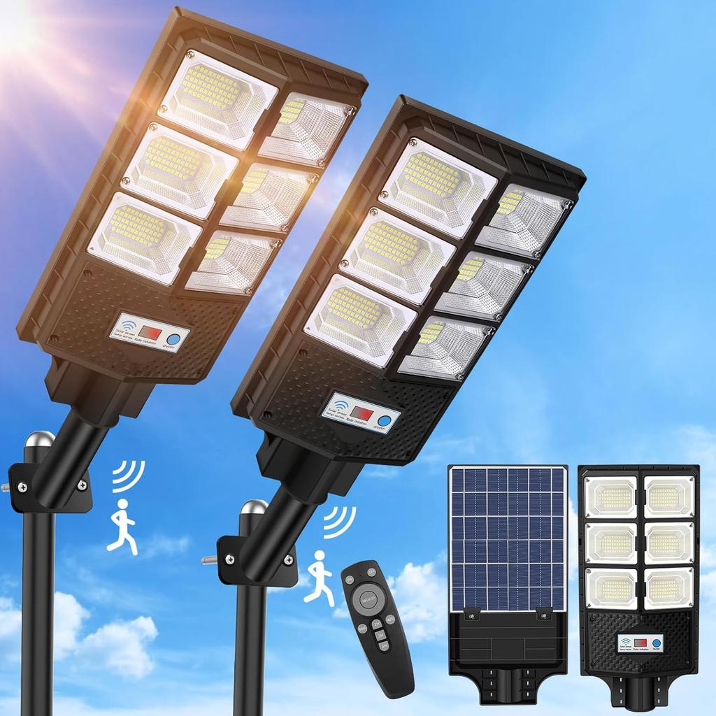 VUAA 2 Pack Solar Street Lights Outdoor Waterproof, 6500K 10000LM LED Solar Lights for Outside Dusk to Dawn, Outdoor Flood Lighting with Motion