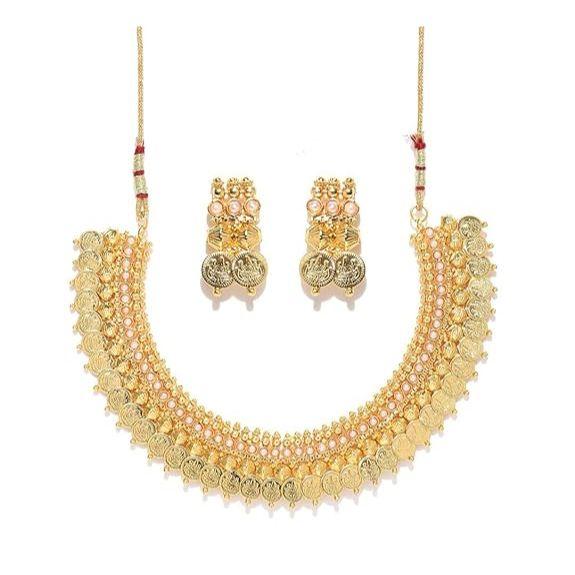 Red Traditional Temple Coin Necklace Set/Jewellery Set with Earrings for Women