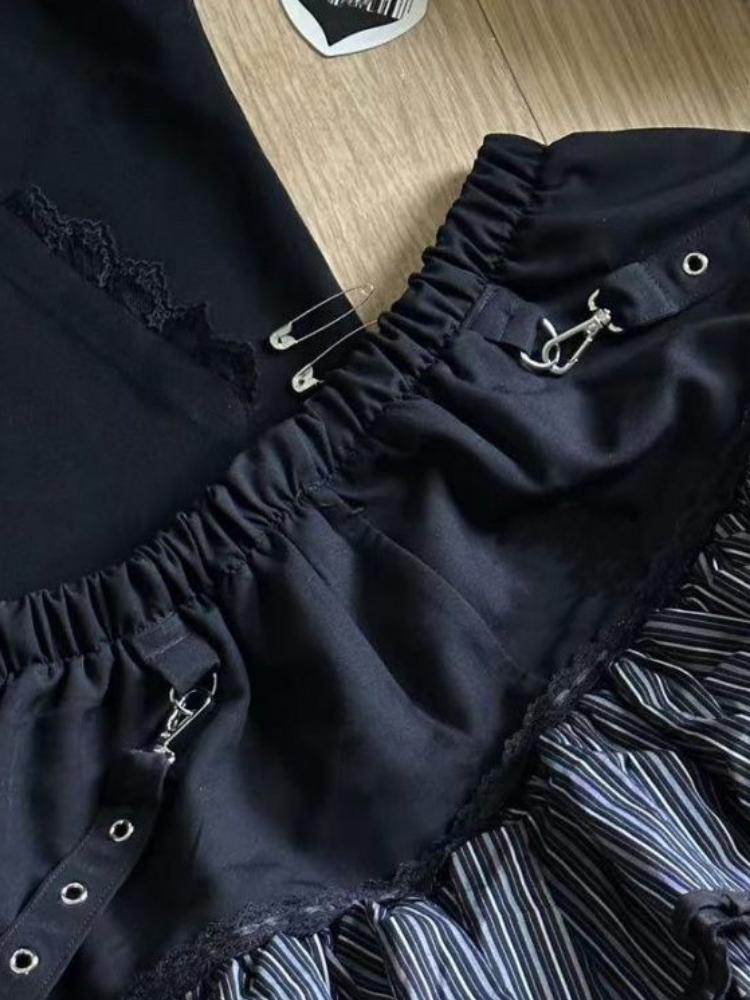 2025 Spring Harajuku Girls Stripe Punk Grunge Skirts Women Y2k Aesthetic High Waist Cake Mini Streetwear Lace Vintage Kawaii Mini Jupe