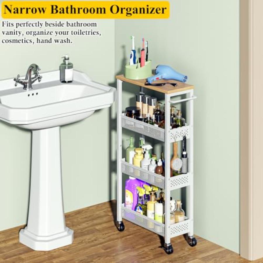Utility Slim Storage Cart 4 Tier Small Rolling Kitchen Laundry Room Cart with Wood Top Metal Narrow Bathroom Storage Cabinet Mo